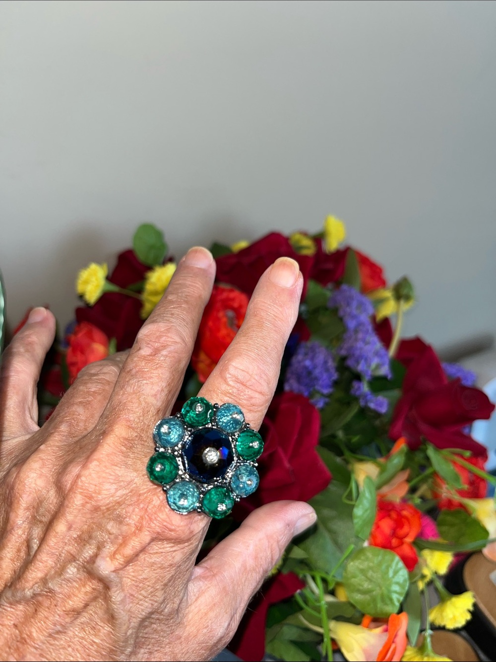 Source Unknown Blue and Green Floral Cluster Cocktail Ring - Women Jewelry